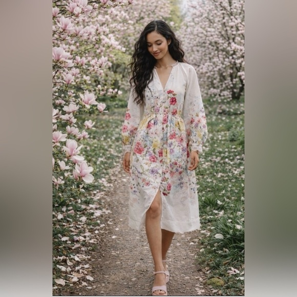 Let Me Be Dresses & Skirts - NWT Size S - Let Me Be Long-Sleeve V-Neck Floral A-Line Midi Dress (NWT US$ 178)